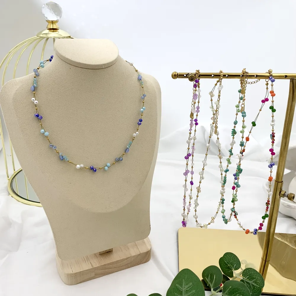 Catena con Perline-Collana Corta in Acciaio - CAC-735-16 (Bianco)