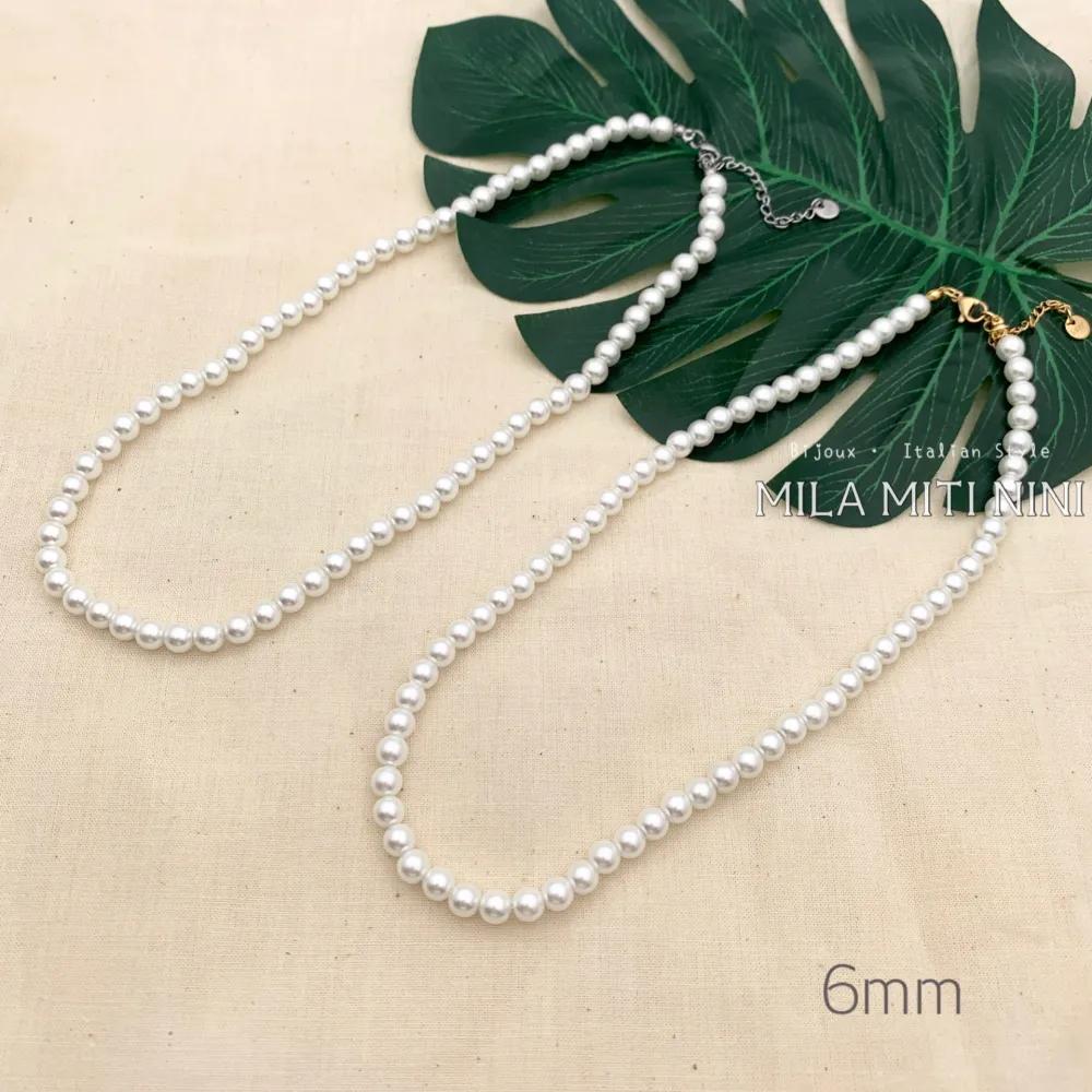 CAC176-437-Perla 6mm -Collana Corta in Acciaio - CAC176-437-Perla 6mm -Collana Corta in Acciaio