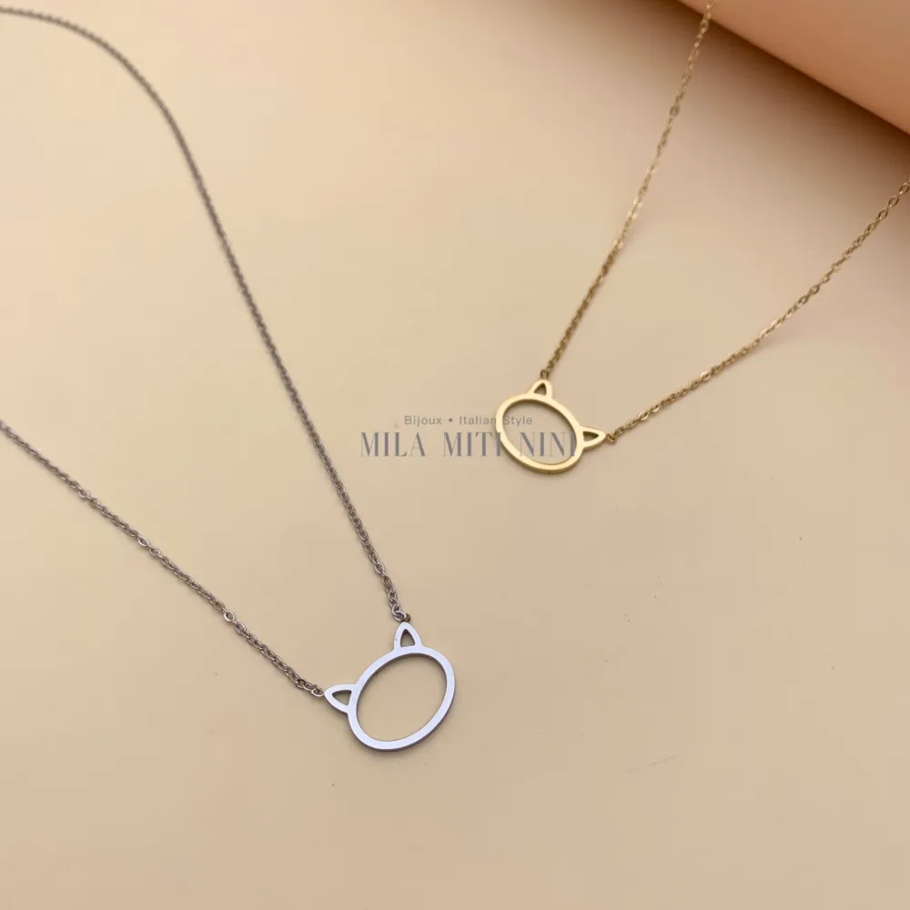 CAC413-1585-Gatto-Collana Corta in Acciaio - CAC413-1585-Gatto-Collana Corta in Acciaio