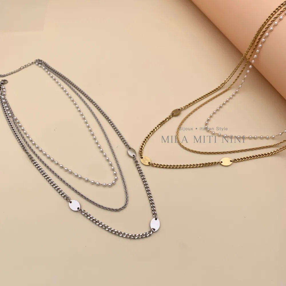 Multifilo con Perla-Collana Corta in Acciaio - CAC413-1840 (Oro Giallo)