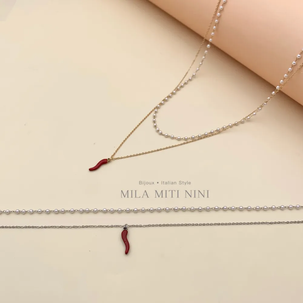 Doppio con Perla e Cornino-Collana Corta in Acciaio - CAC413-2043