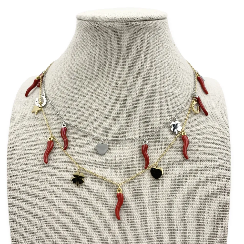 CAC5951-Cornino e Fortuna - Collana Corta in Acciaio - CAC413-2345-Cornino e Fortuna - Collana Corta in Acciaio (Argento)