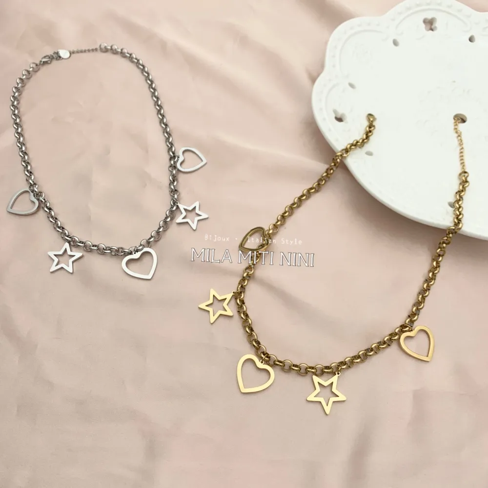 CAC413-2399-Catena Cuore Stella -Collana Corta in Acciaio - CAC413-2399-Catena Cuore Stella -Collana Corta in Acciaio (Argento)