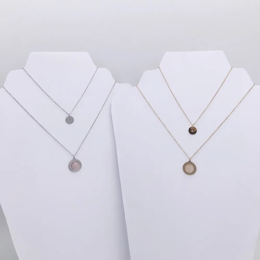 CAC4147-Tondo pietra -Collana Corta doppio filo in Acciaio - CAC4147-Tondo pietra -Collana Corta doppio filo in Acciaio