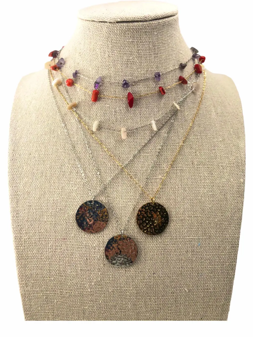 Multifilo collana acciaio - CAC4159-Pietrine Tondo Battuto-Collana Corta in Acciaio (Panna)