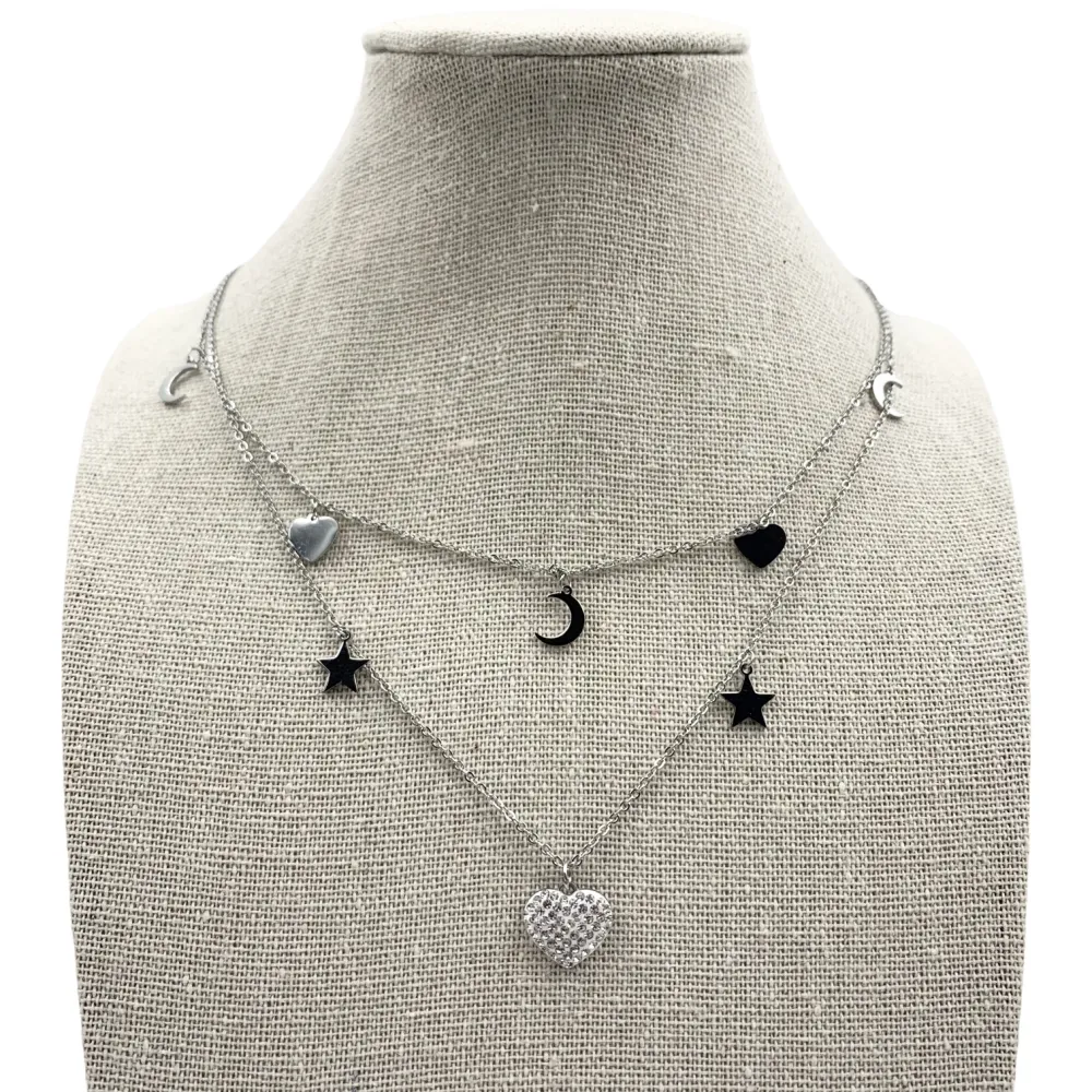 CAC4672-Cuore Stella Luna - Collana Corta Multifilo in Acciaio - CAC4672-Cuore Stella Luna - Collana Corta Multifilo