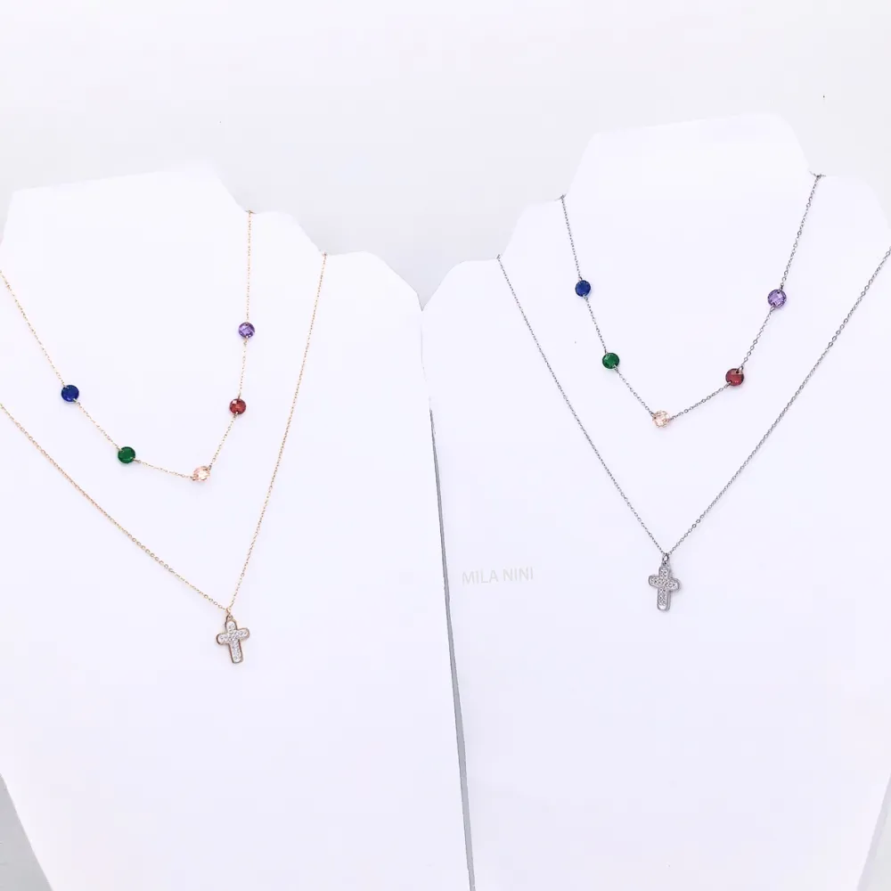 Collana moda multifilo  acciaio e cristallo - CAC5038-Croce e zirconia- Collana Corta Multifilo in Acciaio
