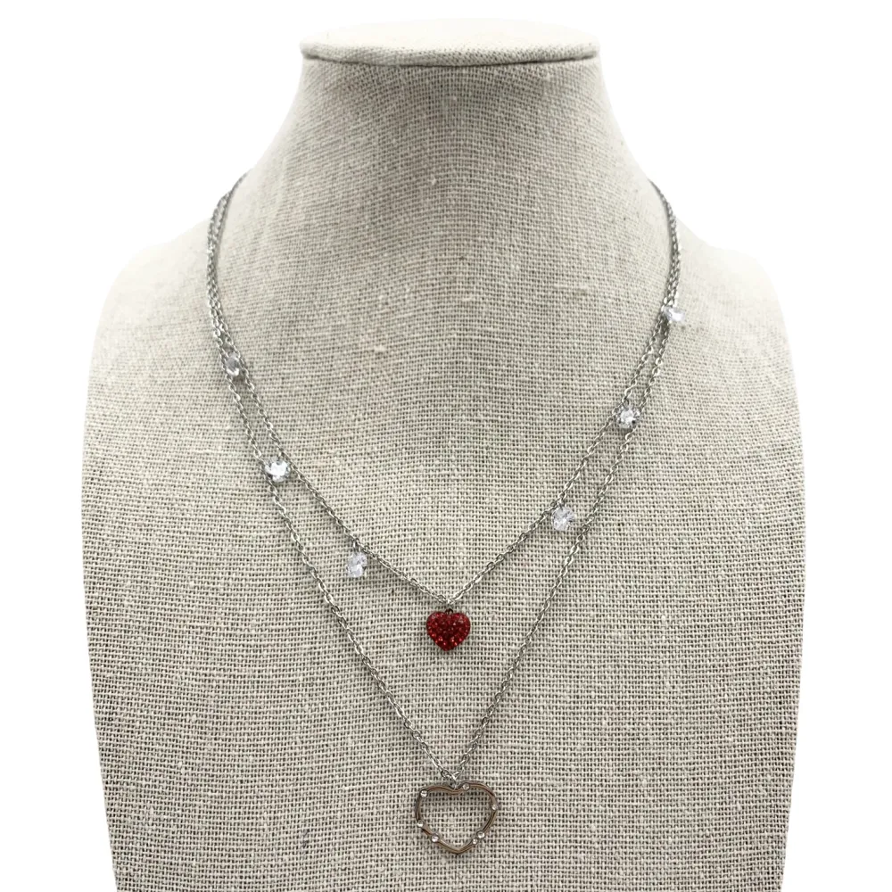 CAC5842-Doppio Cuore e Zirconia - Collana in Acciaio - CAC5842-Doppio Cuore e Zirconia - Collana in Acciaio