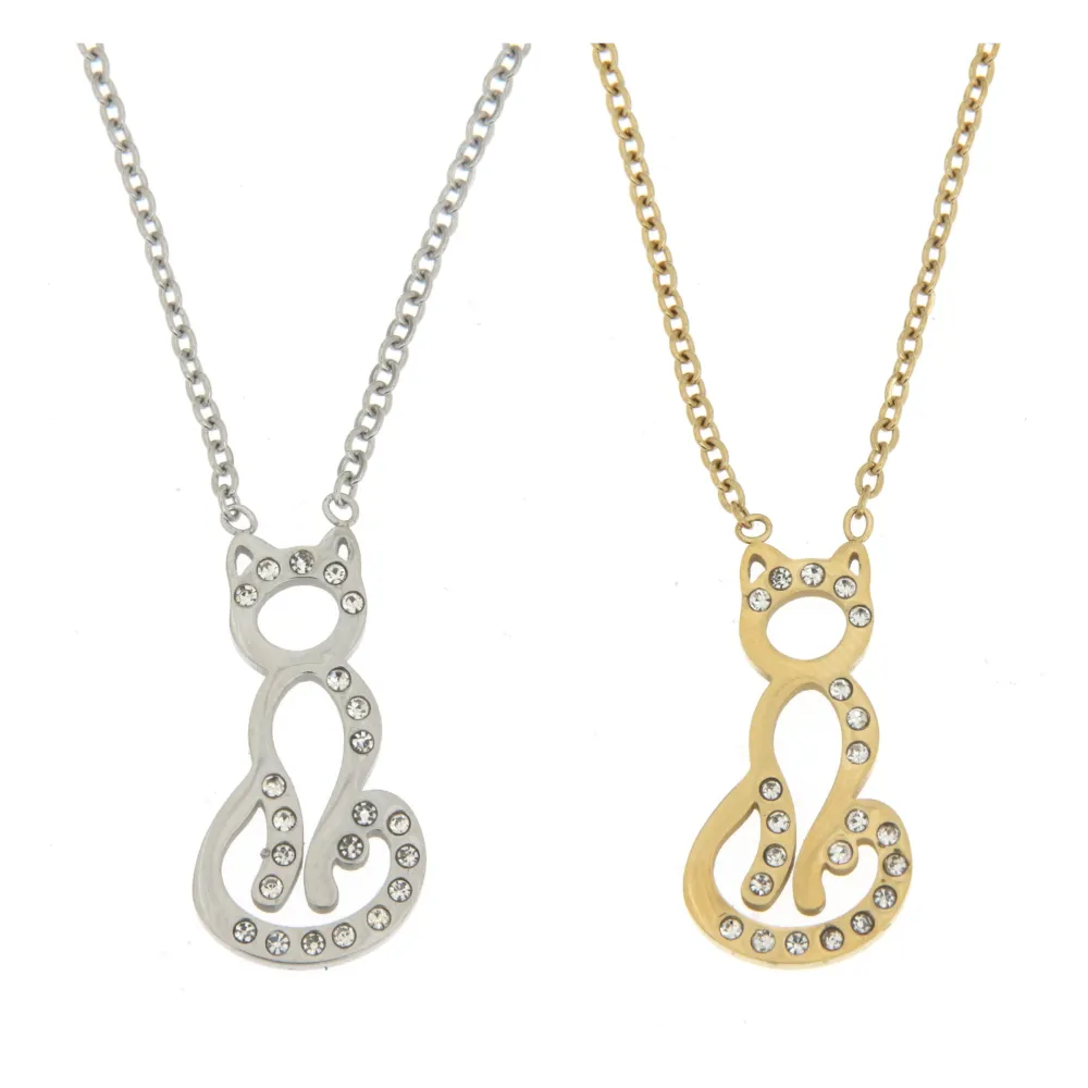 [CAC6341-Gatto - Girocollo in Acciaio con Strass] Gatto - Girocollo in Acciaio con Strass - CAC6341-Gatto - Girocollo in Acciaio con Strass (Argento)