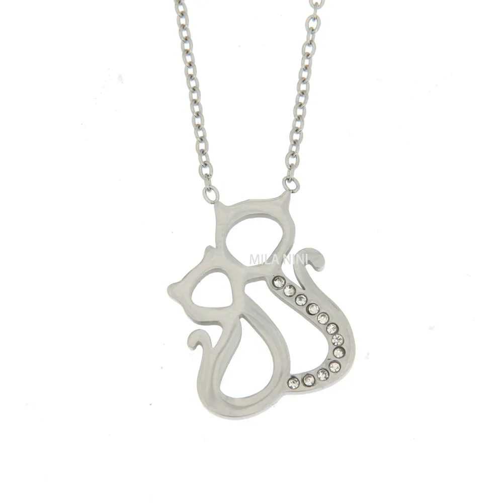 [CAC6342-Gatto - Girocollo in Acciaio con Strass] Doppio Gatto - Girocollo in Acciaio con Strass - CAC6342-Gatto - Girocollo in Acciaio con Strass (Argento)