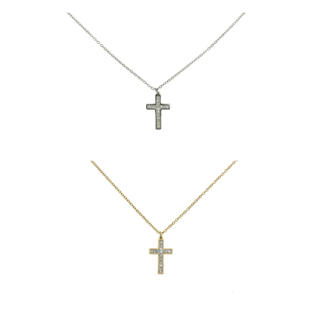 Croce 3 - Girocollo in Acciaio con Strass - CAC6369-Croce - Girocollo in Acciaio con Strass