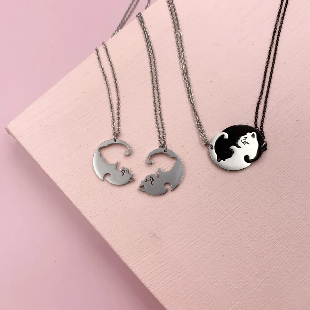 CAC6867-Puzzle Gatto-Collana Coppia Girocollo in Acciaio - CAC6867-Puzzle Gatto-Collana Coppia Girocollo in Acciaio (Argento)