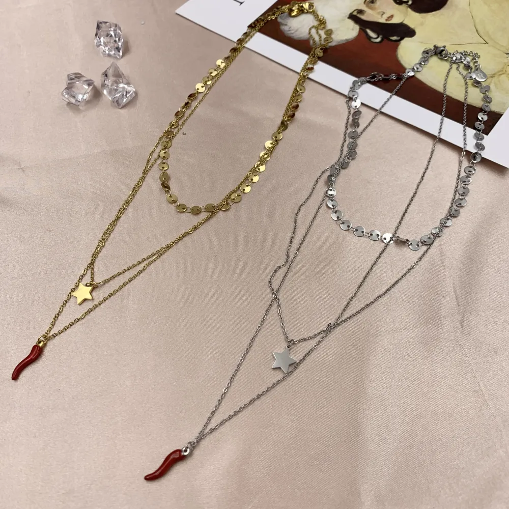 CAC7062-Multifilo con Cornino-Collana Corta in Acciaio - CAC7062-Multifilo con Cornino-Collana Corta in Acciaio