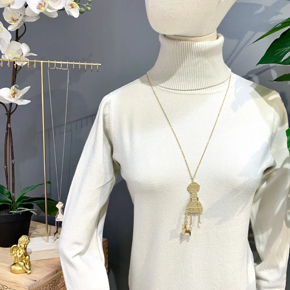 Donna con Cane-Collana Lunga in Acciaio - CAL-413-2341 (Oro Giallo)