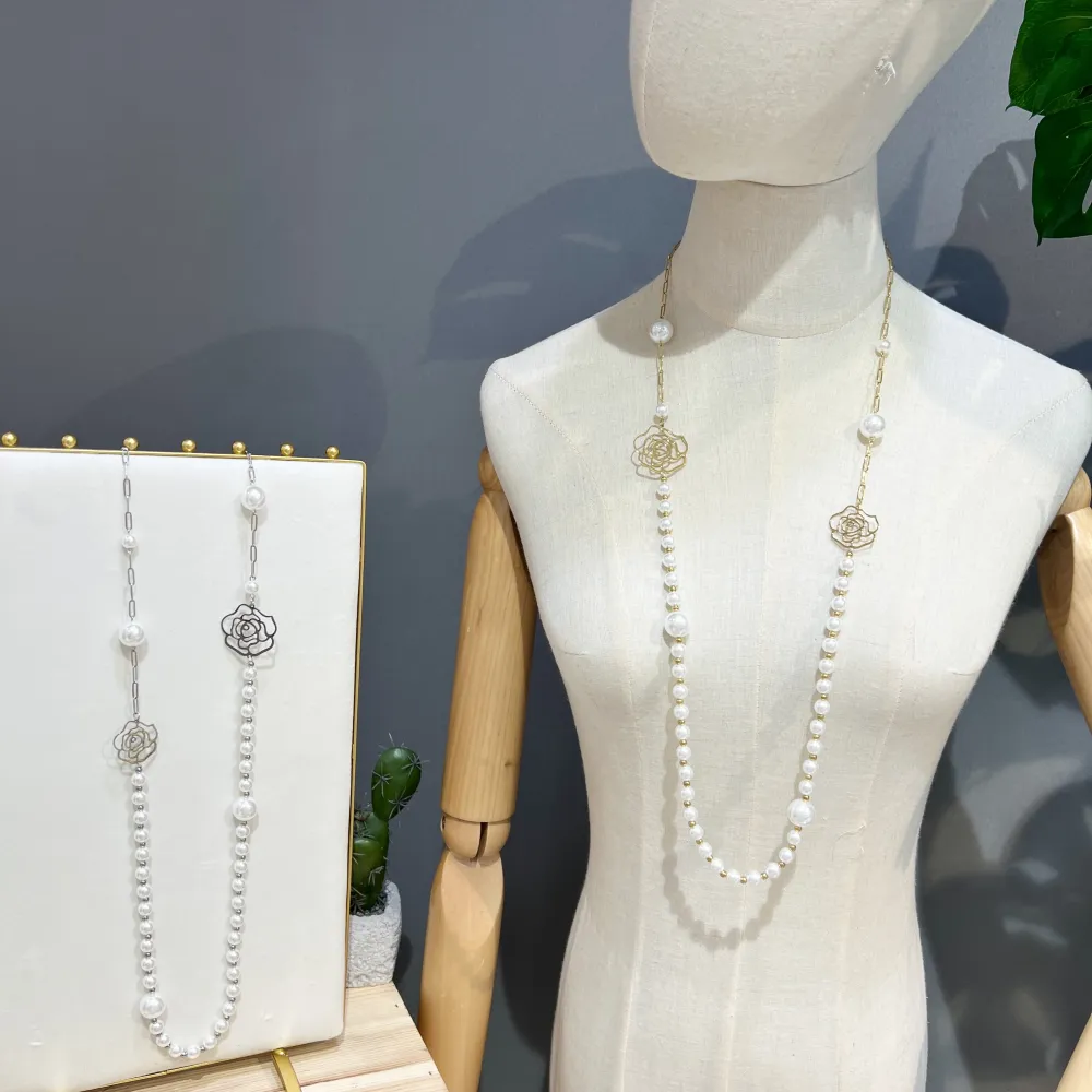 Perla con Fiore-Collana Lunga  in Acciaio - CAL-759-31