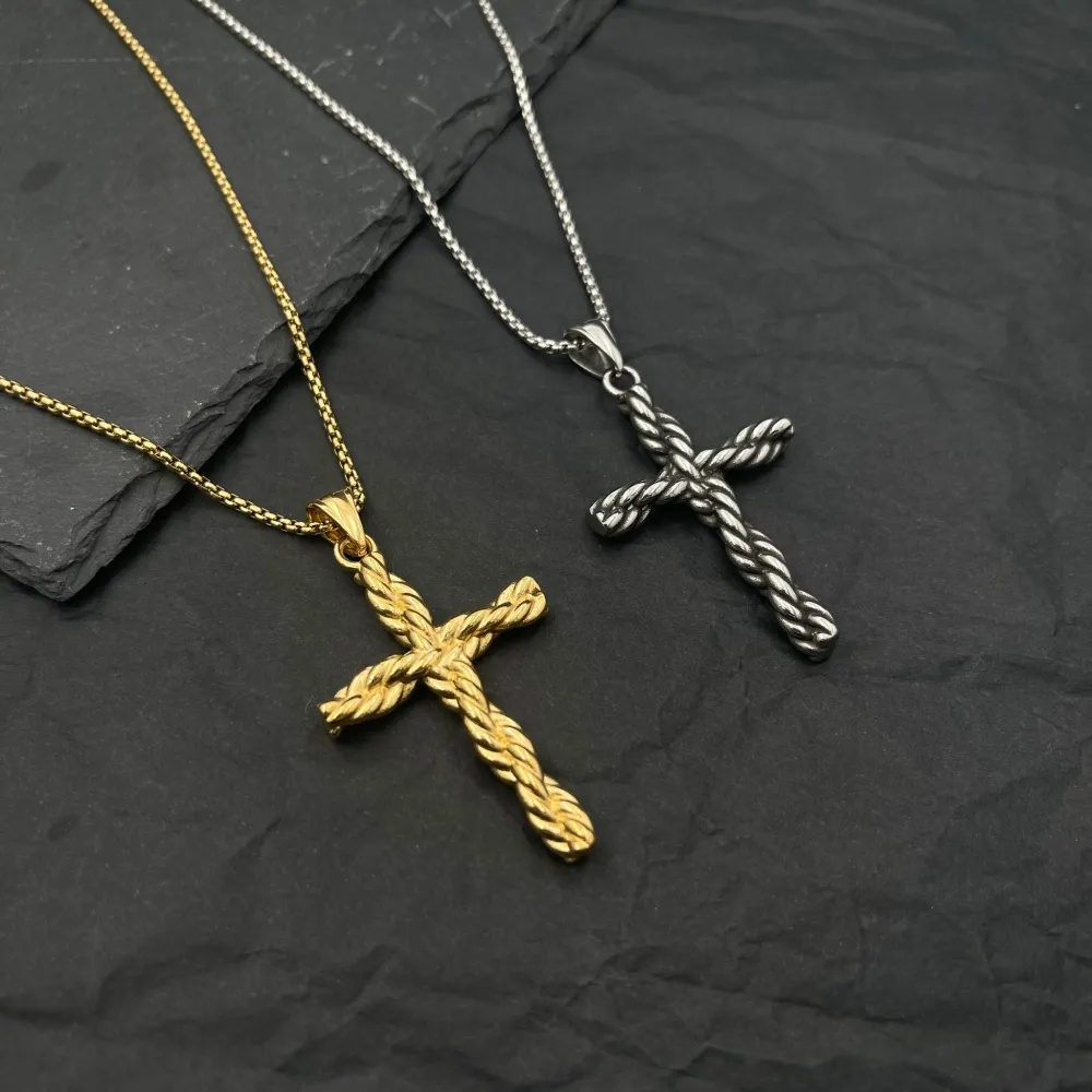 Croce-Collana Lunga in Acciaio - CAU-423-65 (Oro Giallo)