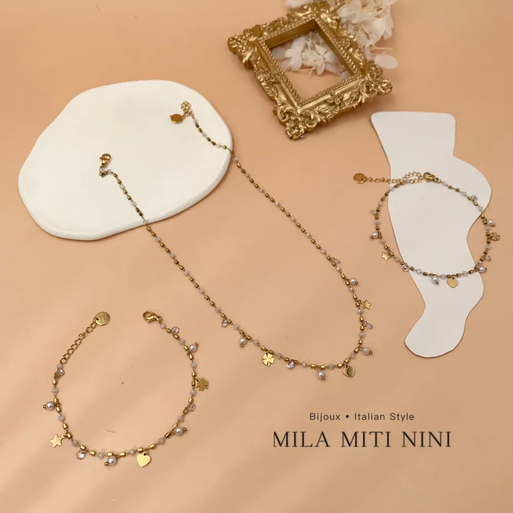 Perline con Cuore e Quadrifoglio-Cavigliere in Acciaio - CAV-103-AA77B (Azzurro)