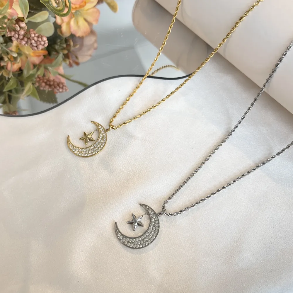 [CL-103-AA5760N 75+10cm] Luna Stella-Collana Lunga in Acciaio - CL-103-AA5760N 75+10cm (Argento)