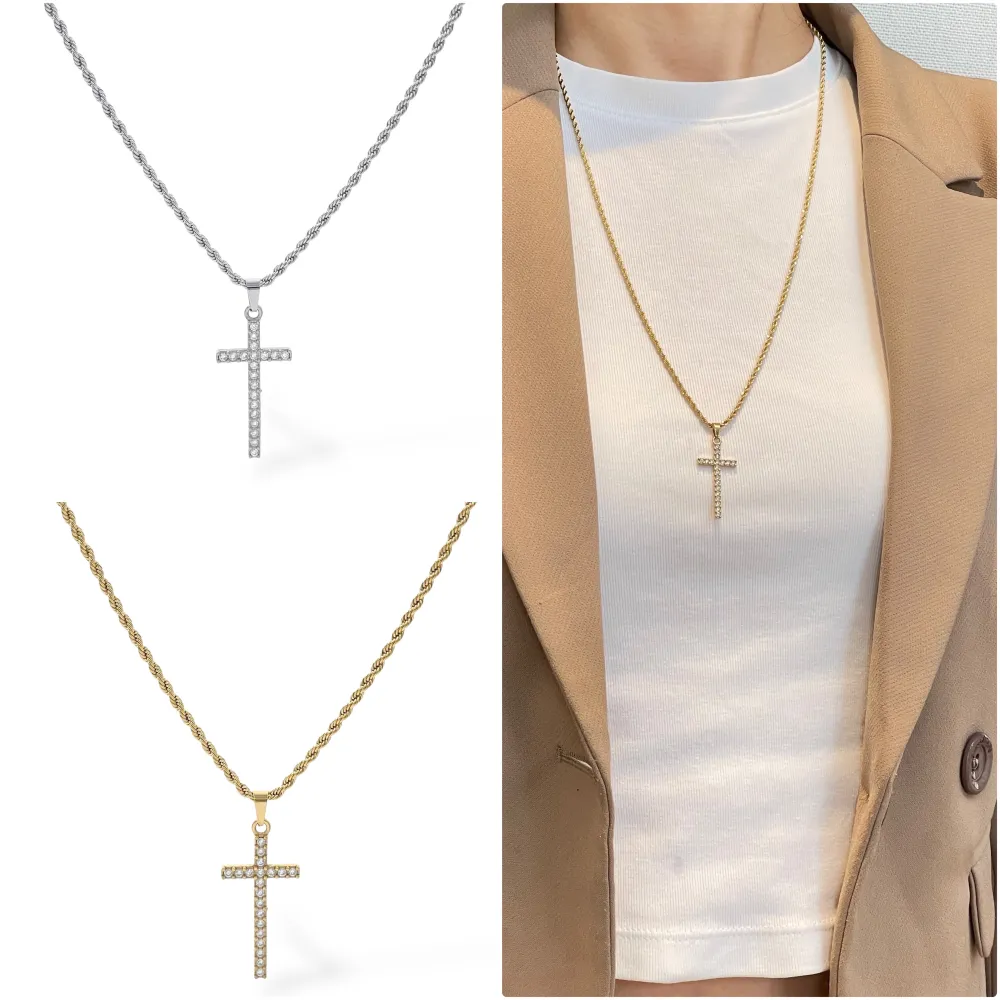 Croce-Collana Lunga in Acciaio - CL-103-AA5765N  55+5cm (Argento)