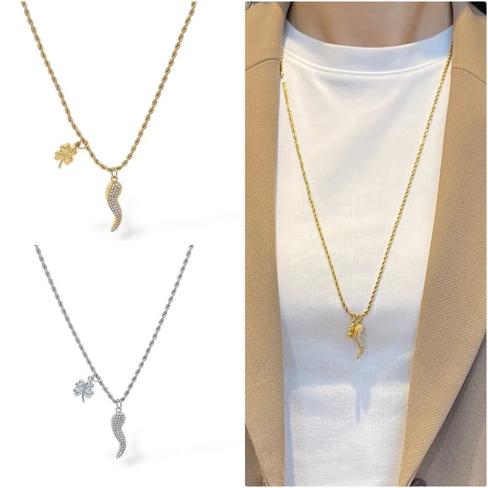 [CL-103-AA5767N 75+10cm] Cornino Quadrifoglio-Collana Lunga in Acciaio - CL-103-AA5767N 75+10cm (Argento)