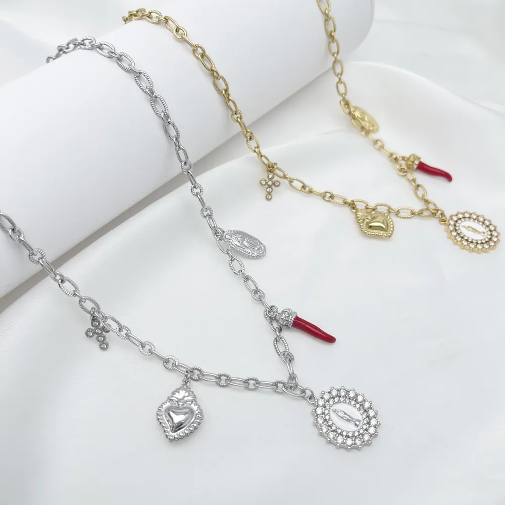 Sacro Cuore Cornino Croce Madonna -Collana Corta in Acciaio - CL-103-AA6202N