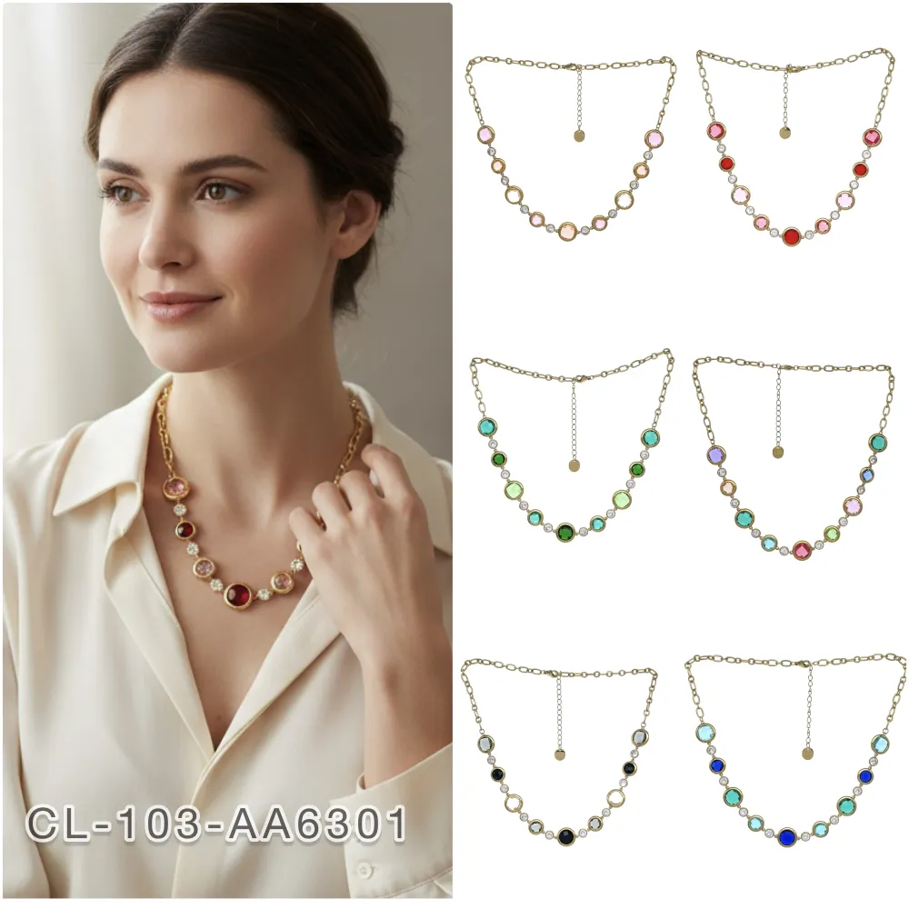 Pietre Tonde e Punti Luci -Collana Corta in Acciaio - CL-103-AA6301N (Nero)