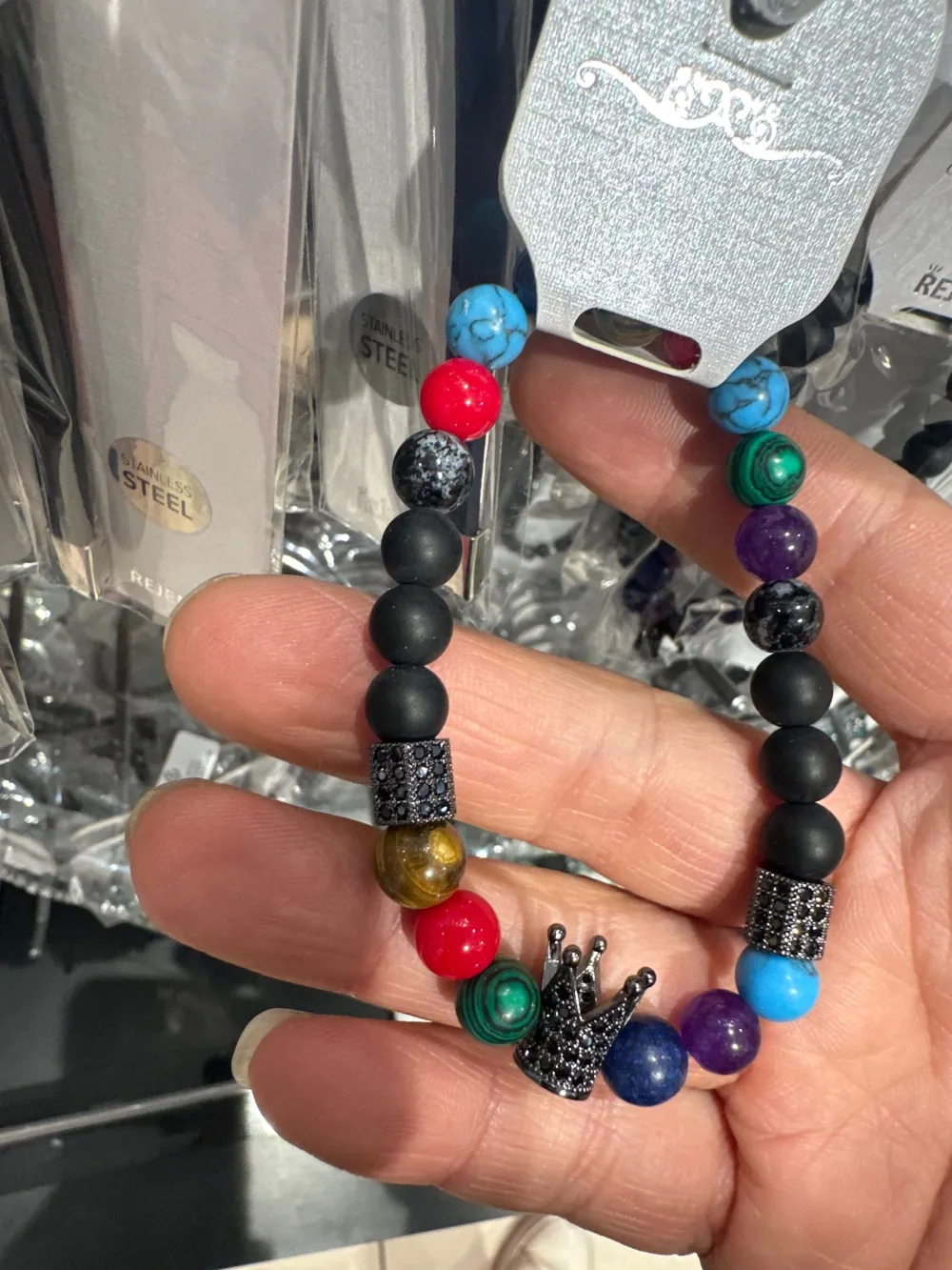 Bracciale da Uomo Elastico con Pietre Laviche e Zirconi - Corona - Bracciale Uomo