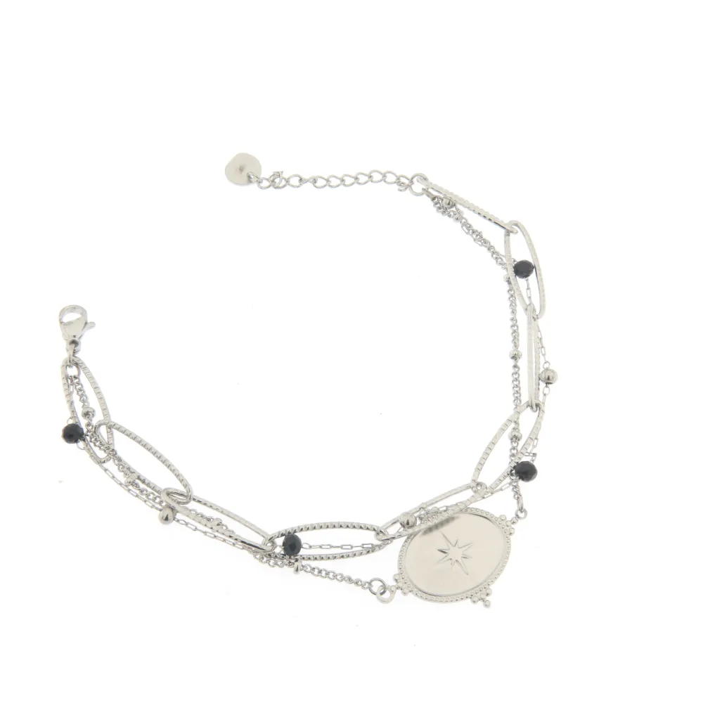 [Croce Stella -Bracciale Doppia Catena] Bracciale da Donna In Acciaio - Croce Stella -Bracciale Doppia Catena (Argento)