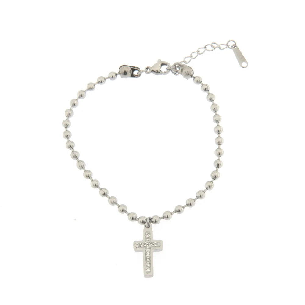 [Croce Strass - Bracciale Palline] Bracciale da Donna In Acciaio - Croce Strass - Bracciale Palline