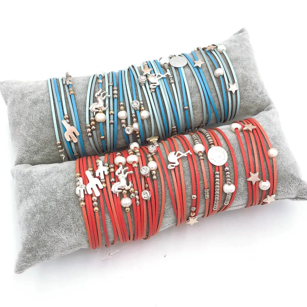 Bracciali con cuscino in omaggio - Cuoio lega fenicottero cactus - 6 pz 8795