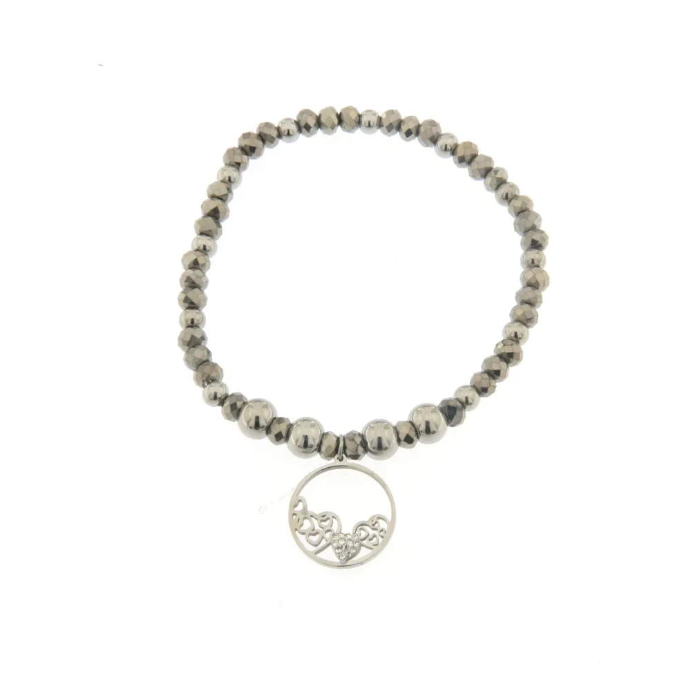 Bracciale Elastico in Acciaio - Cuore - Bracciale Elastico con Palline (Argento)