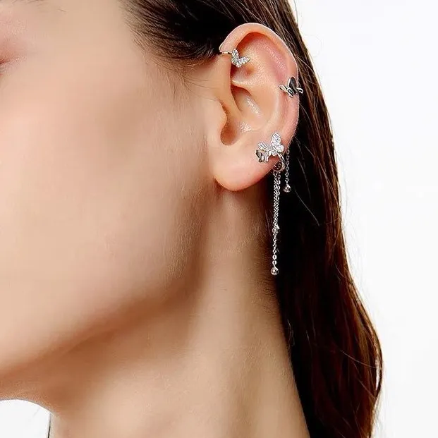 Farfalla Catena-Earcuff con Pendenti - EAK-493-17 (Argento)