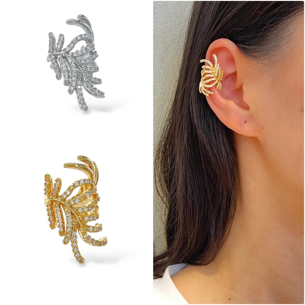 Piuma con Zirconia-Earcuff in Ottone - EAK-506-332 (Argento)