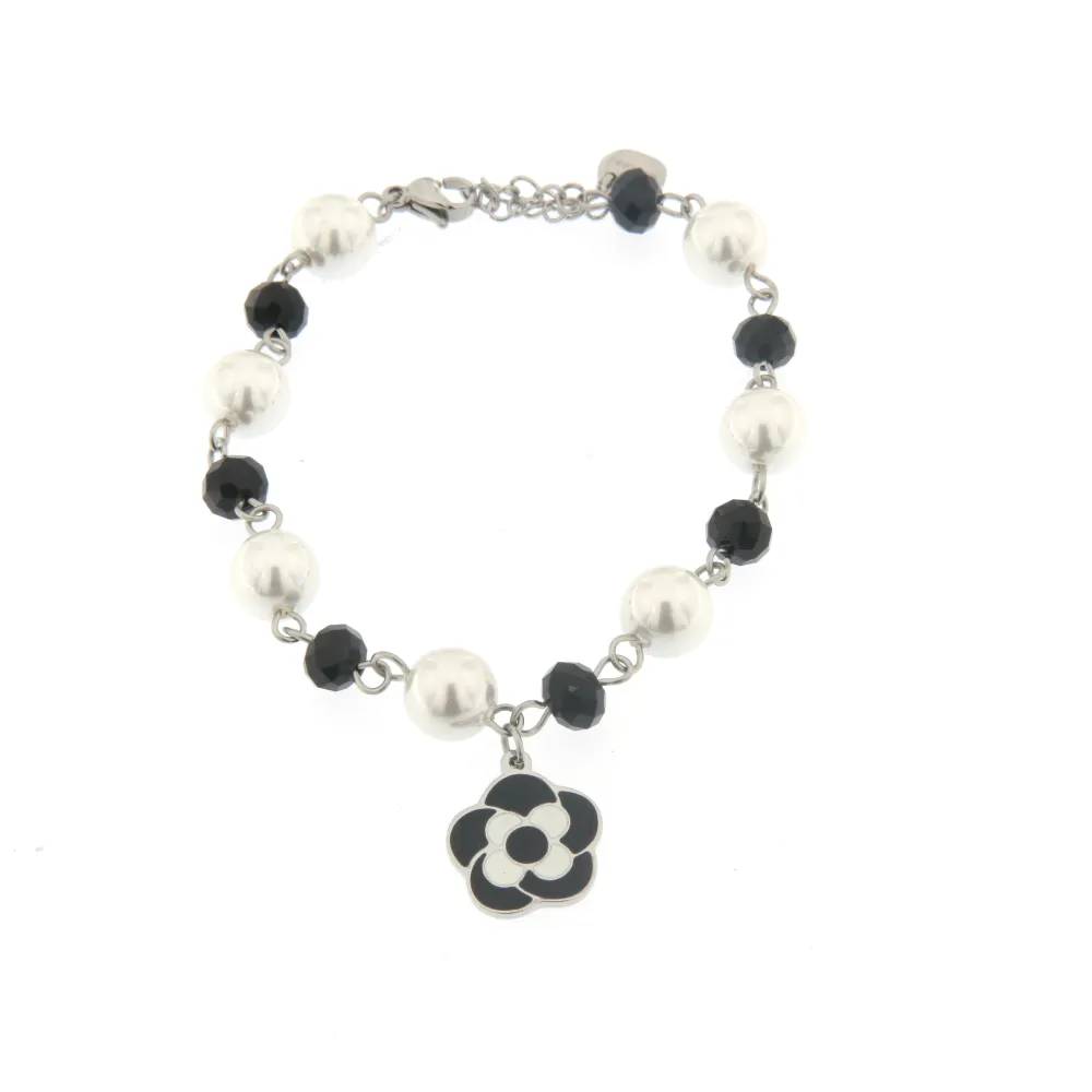 Bracciale da Donna In Acciaio - Fiore - Bracciale Perla e Cristalli