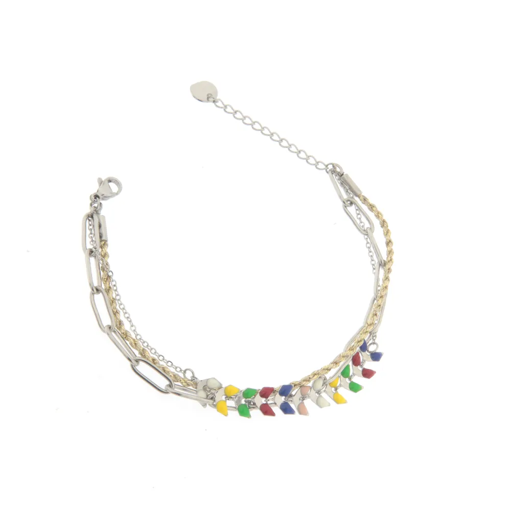[Foglie Smaltato - Bracciale Doppia Catena] Bracciale da Donna In Acciaio - Foglie Smaltato - Bracciale Doppia Catena (Argento)