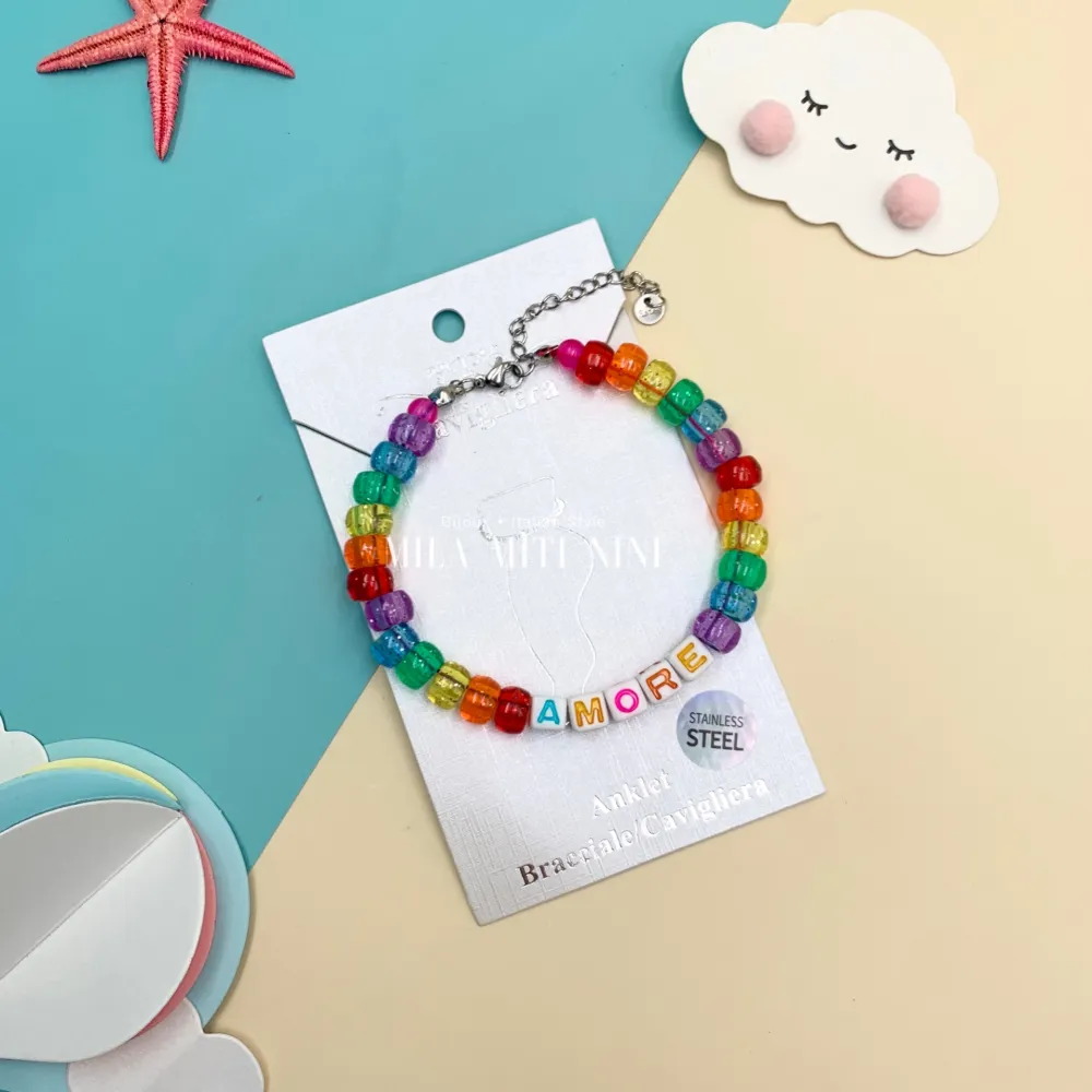 [KAV-176-425] KAV176-425- Perline Colorate AMORE- Cavigliera in Acciaio - KAV-176-425