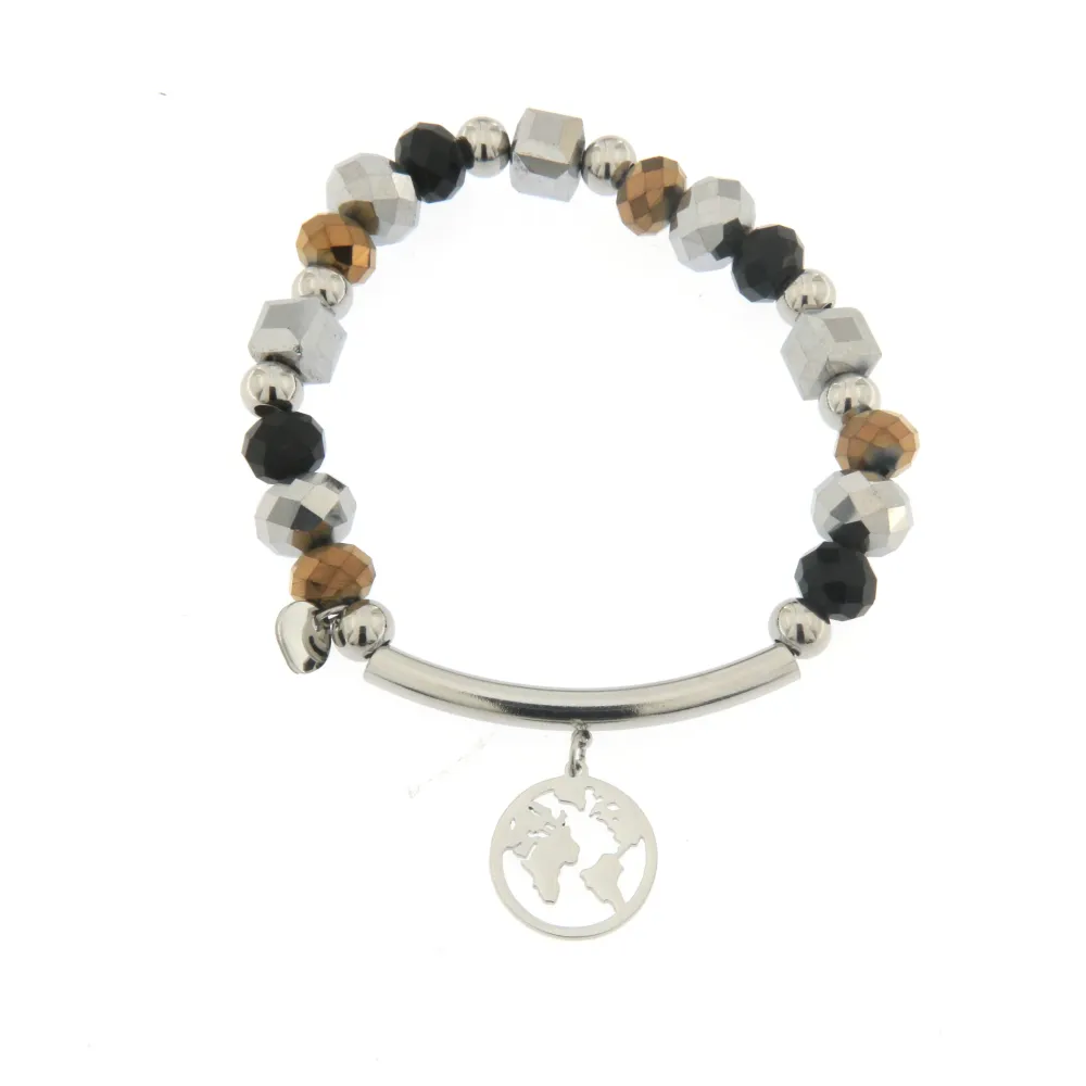 Bracciale Elastico in Acciaio - Mondo - Bracciale Elastico con Barretta