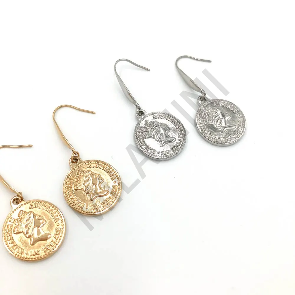 Orecchini pendenti in acciaio tonda - Moneta Regina - Orecchini pendenti in acciaio (Acciaio)