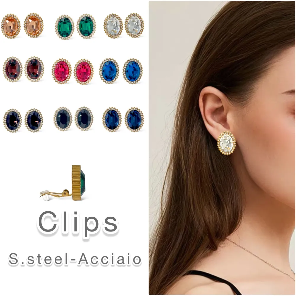 Ovale -Orecchini a Clip in Acciaio - OAK-103-AA2965E (Bianco/Oro)