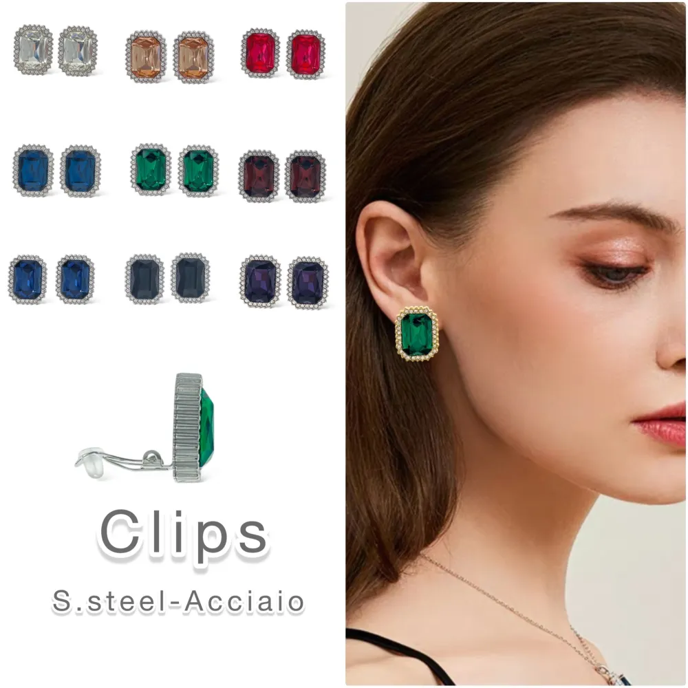 Rettangolare -Orecchini a Clip in Acciaio - OAK-103-AA2966E (Bianco/Oro)