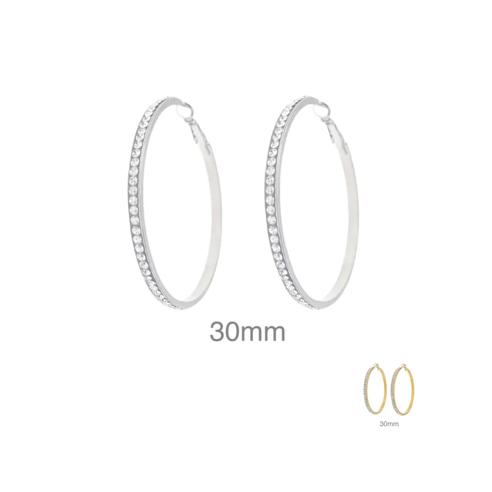 OAC7287-Strass 3cm - Orecchini a Cerchio in Acciaio - OAP-103-AA1057E 3cm con Strass (Argento)