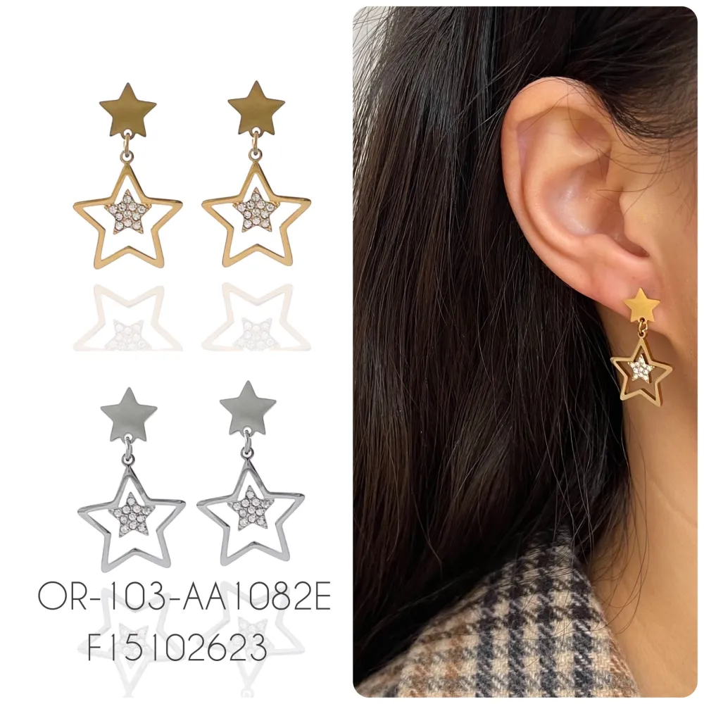 Stella-Orecchini Pendenti in Acciaio - OAP-103-AA1082E (Oro Giallo)