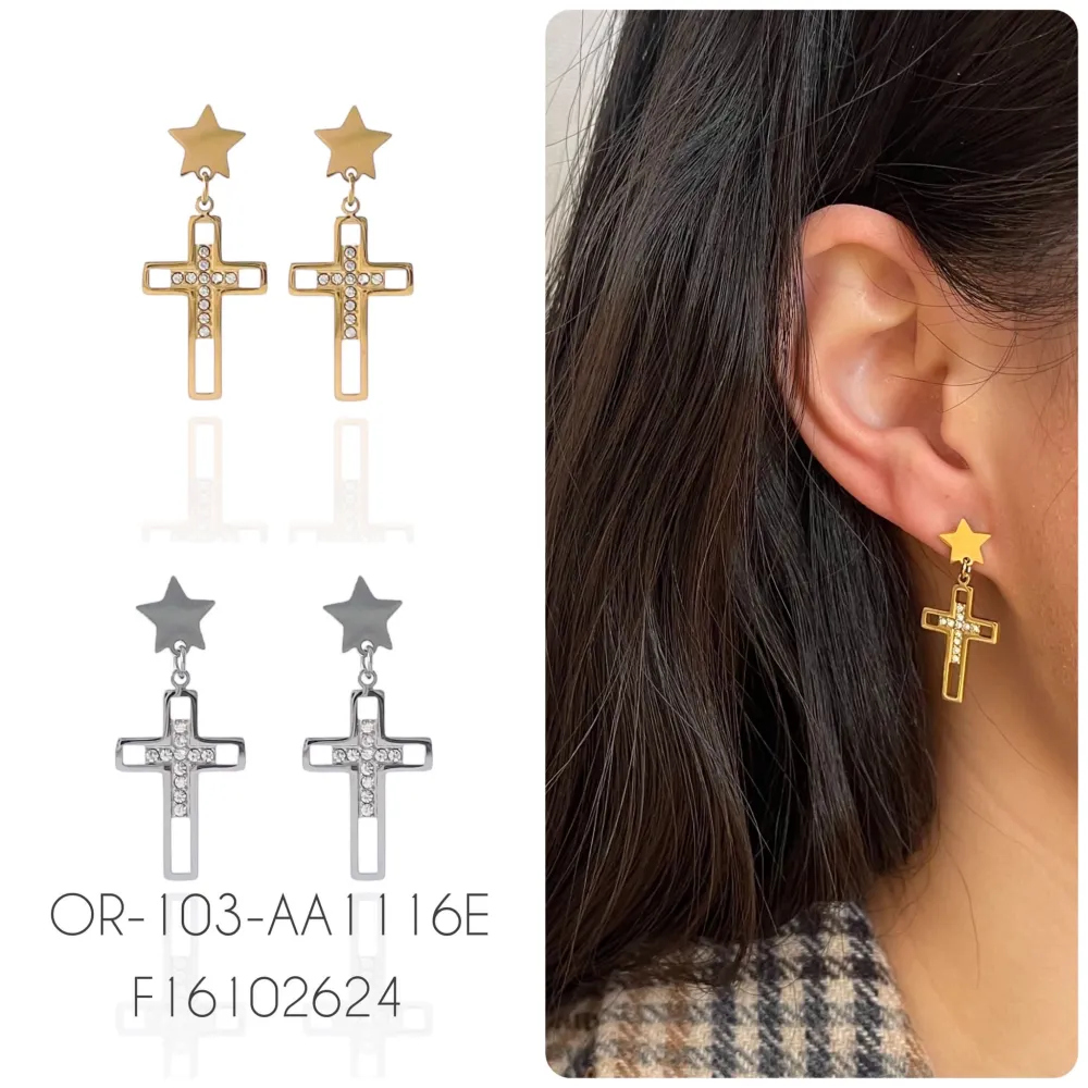 Croce-Orecchini Pendenti in Acciaio - OAP-103-AA1116E (Oro Giallo)