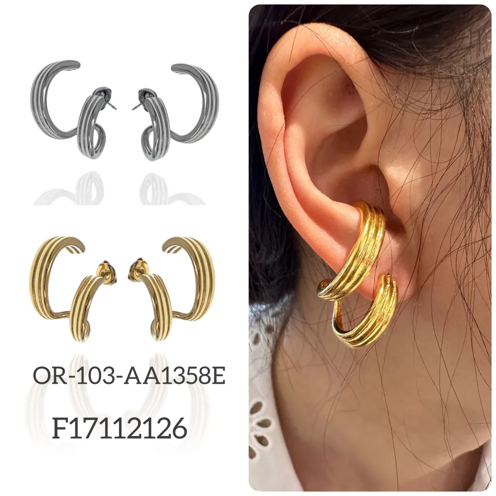 Effetto Doppio Cerchio-Orecchini in Acciaio - OR-103-AA1358E (Oro Giallo)