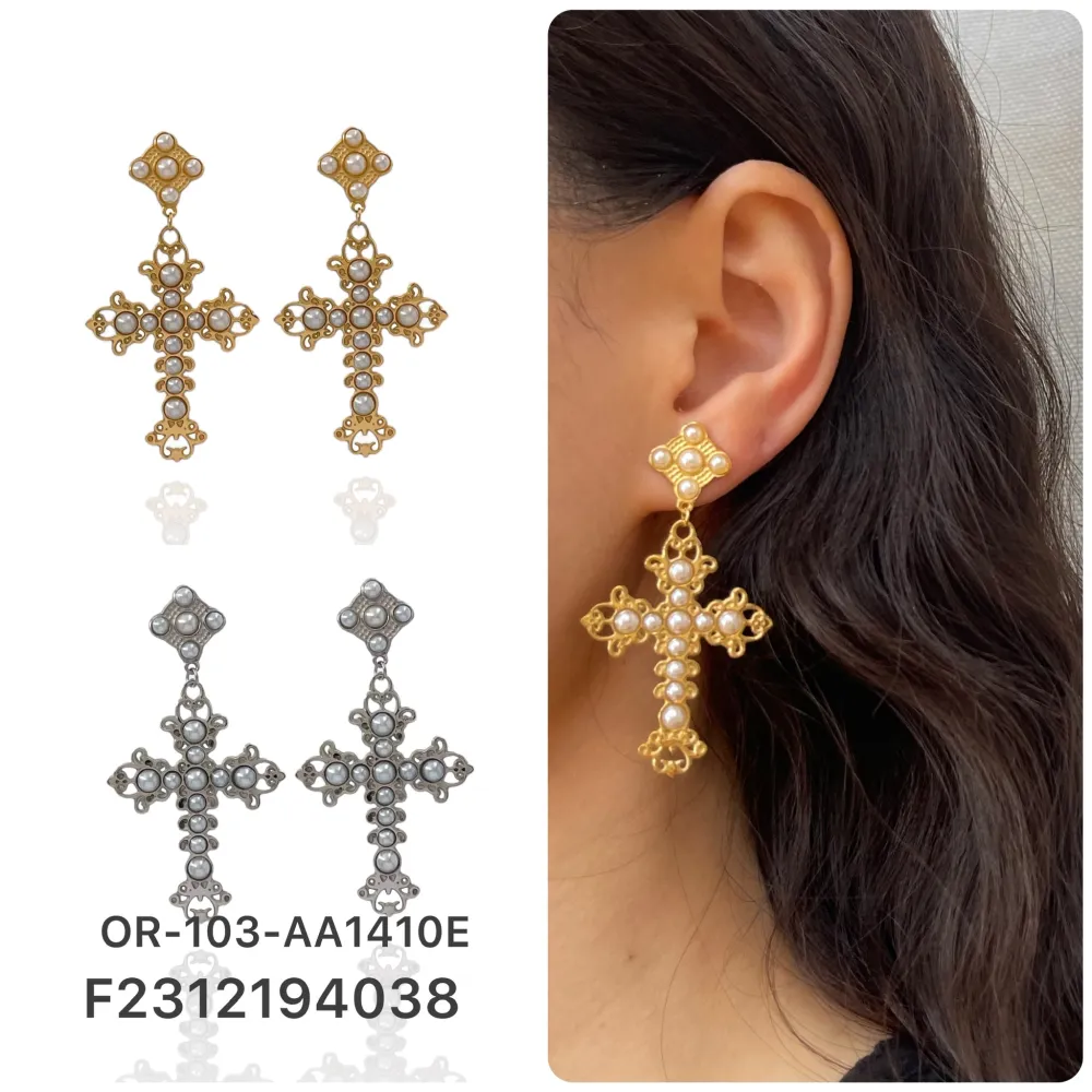 Croce con Perla-Orecchini in Acciaio - OAP-103-AA1410E (Oro Giallo)