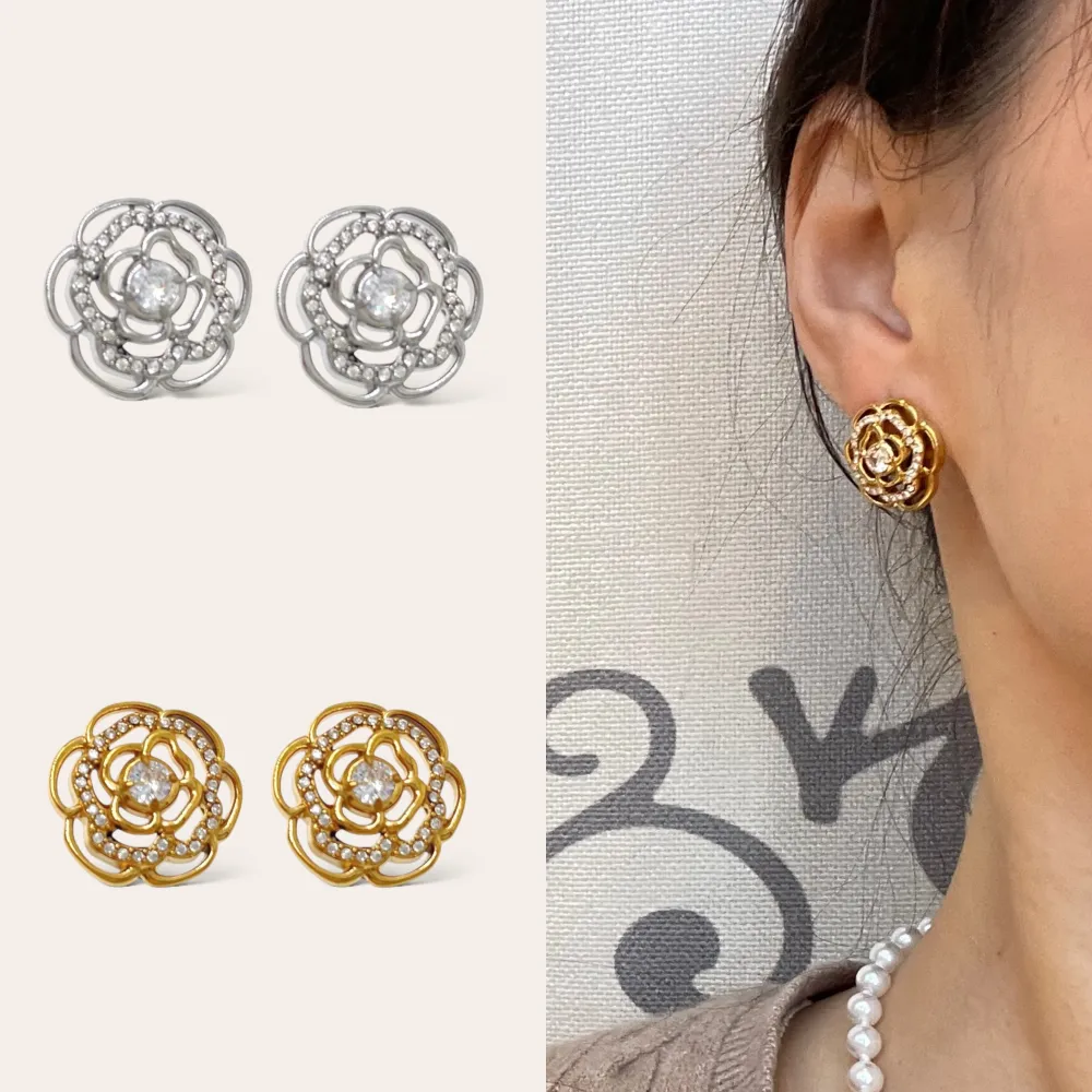 Fiore Rosa con Strass -Orecchini in Acciaio - OAP-103-AA4175E (Argento)