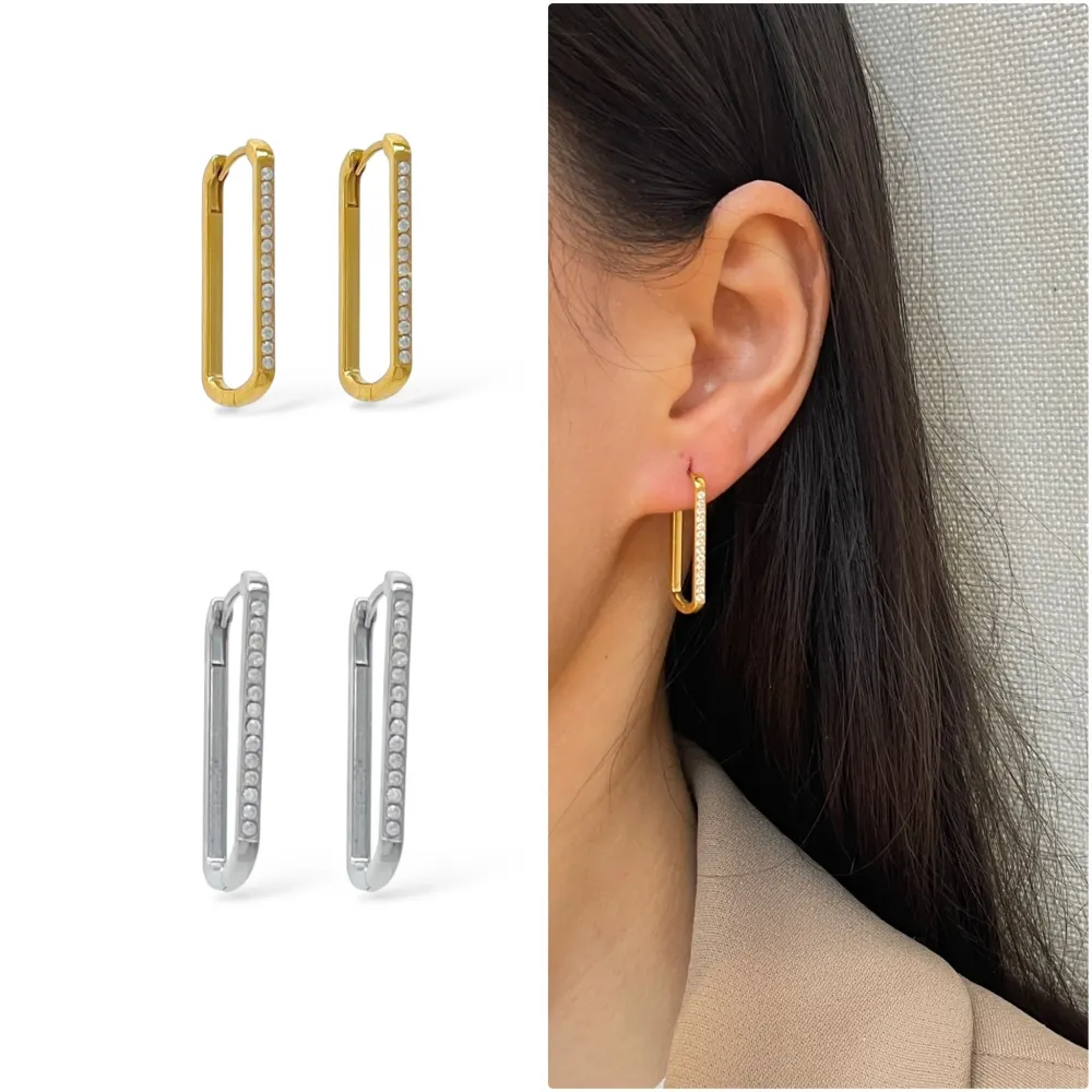 Cerchio 13x25mm Rettangolare con Zirconia-Orecchini in Acciaio - OAP-103-AA5777E 13x25mm (Argento)