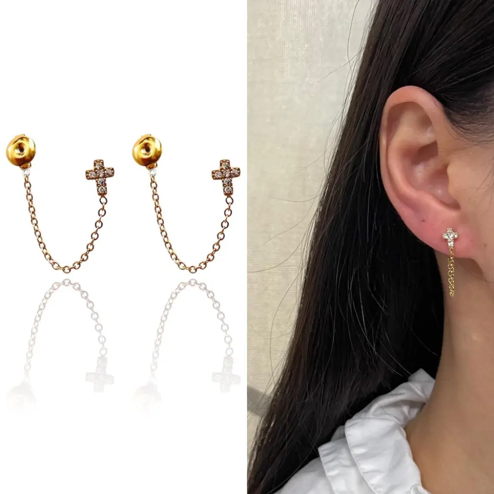 Croce con Zirconia-Orecchini Davanti/Dietro in Acciaio - OAP-103-AA803E (Oro Giallo)