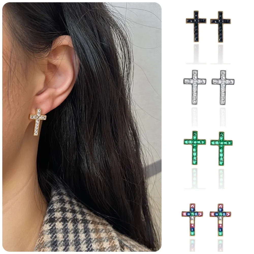 Croce Colorato con Zirconia-Orecchini a Lobo in Acciaio - OAP-103-AA944E