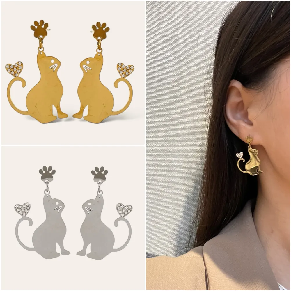 Gatto con Cuore -Orecchini in Acciaio - OAP-103-AS4560E (Argento)